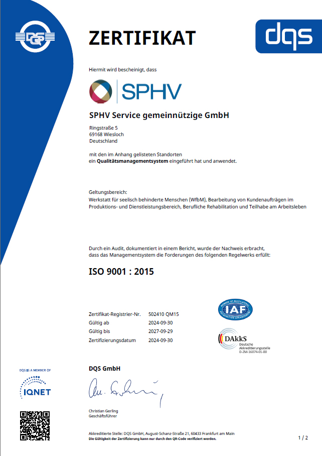 Zertifikat SPHV Qualitätsmanagementsystem