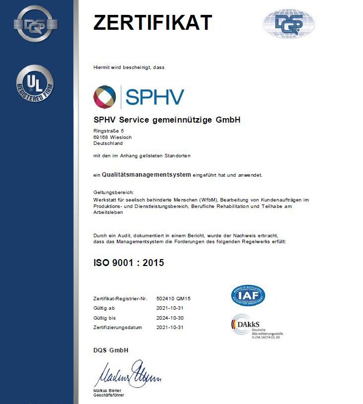 Zertifikat SPHV Qualitätsmanagementsystem